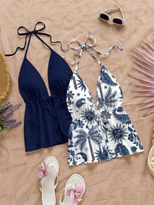 2 piezas Camiseta sin espalda con escote en V y tirantes con estampado de leopardo sexy, adecuada para vacaciones, citas, té de la tarde, vacaciones, festivales de música, estilo bohemio - Multicolor 7 - Ver 6