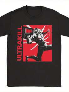 Camiseta Retro-Futurista para Hombre y Unisex con Estampado del Logo Ultrakill y de un Héroe de Acción - Roja con Héroe de Acción y Logo, Camiseta Casual de Corte Holgado para Gaming, Eventos Temáticos, Ropa Urbana - Para Todas las Temporadas (Tallas Grandes y Altas), una camiseta de manga corta adecuada para el hogar, uso diario, fiestas y viajes-perfecta como regalo para amigos o familiares. - Negro - Ver 1