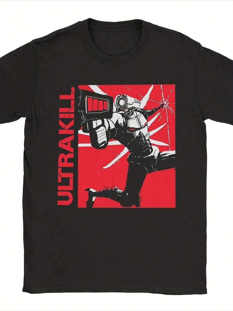 Camiseta Retro-Futurista para Hombre y Unisex con Estampado del Logo Ultrakill y de un Héroe de Acción - Roja con Héroe de Acción y Logo, Camiseta Casual de Corte Holgado para Gaming, Eventos Temáticos, Ropa Urbana - Para Todas las Temporadas (Tallas Grandes y Altas), una camiseta de manga corta adecuada para el hogar, uso diario, fiestas y viajes-perfecta como regalo para amigos o familiares. - Negro - Ver 1