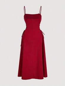 Vestido de tirantes unicolor pecho con fruncido con cordón lateral - Rojo 2 - Ver 5