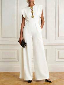 Bộ jumpsuit vải dệt màu trơn, thanh lịch, tối giản, cài cúc trước, khóa kéo và có túi, thích hợp mặc công sở mùa xuân/hè. - trắng - Xem 4