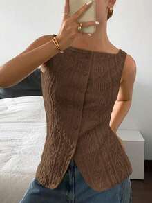 Camisa informal sin mangas con textura geométrica y abotonadura sencilla para mujer - Marrón 2 - Ver 8