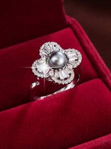 1pc Adjustable Blooming Flower Design Artificial Zirconia Stone Ring For Women - Multicolor - View 4