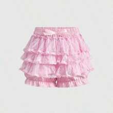 Spring|Summer Carnival Party Casual White Lolita Multilayers Cake Skirt With Bow, White Gothic Lace Splice Bow Solid Pumpkin Lantern Shorts, Bridesmaids Dress - Rosa - Ver 1