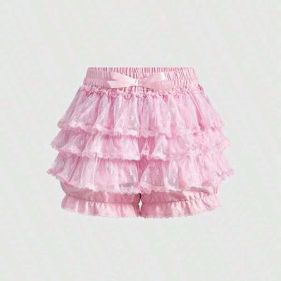 Spring|Summer Carnival Party Casual White Lolita Multilayers Cake Skirt With Bow, White Gothic Lace Splice Bow Solid Pumpkin Lantern Shorts, Bridesmaids Dress - Rosa - Ver 1