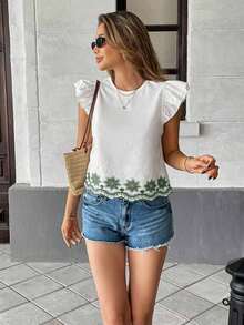 Blusa de verano casual de vacaciones con bordado floral y volantes en las mangas - Verde - Ver 6