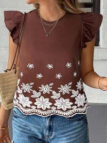 Blusa de verano casual de vacaciones con bordado floral y volantes en las mangas - Marrón - Ver 9