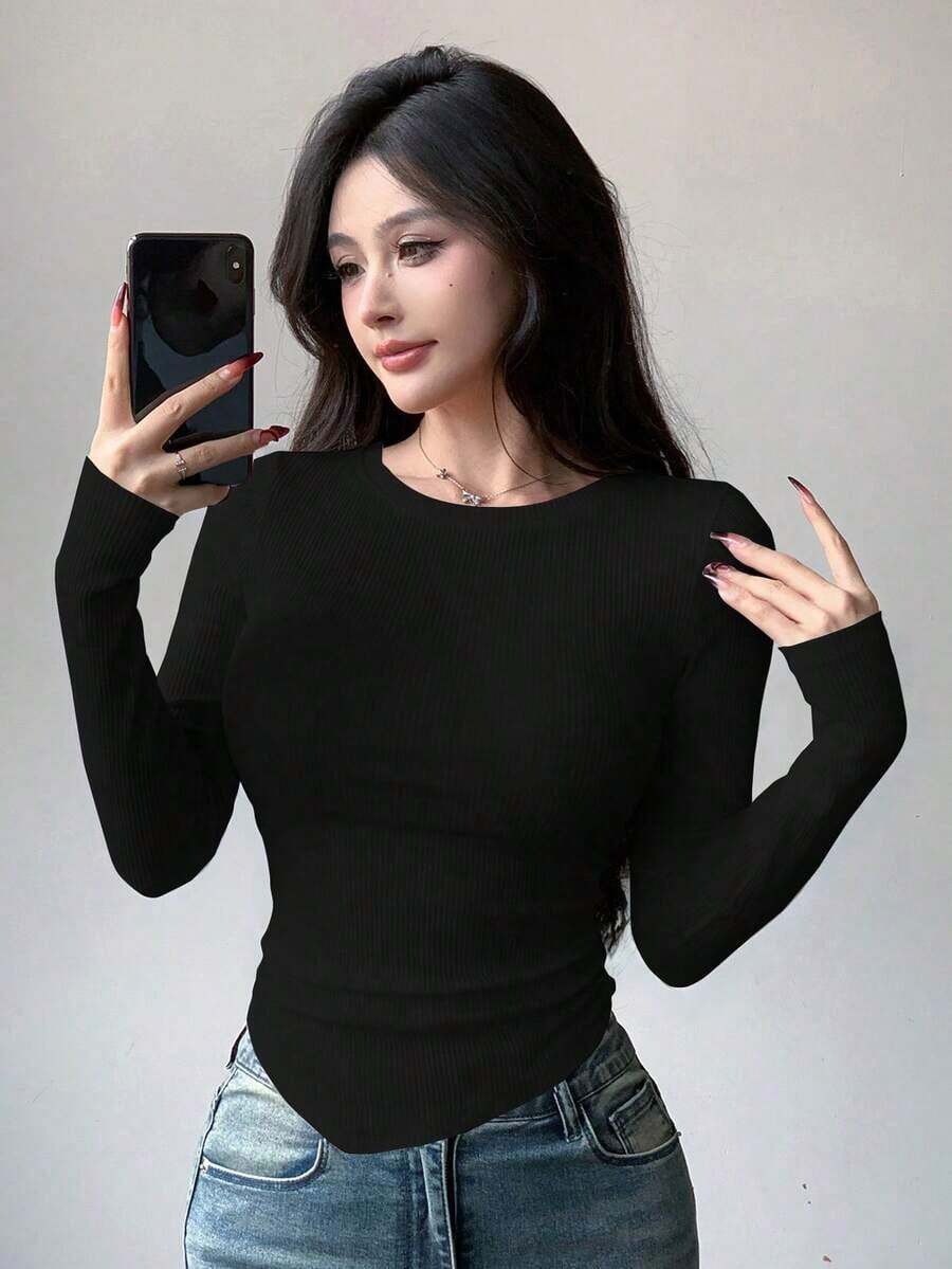 Camiseta de mujer de manga larga con diseño asimétrico y ajuste ceñido, ropa de otoño con estilo preppy - Negro 2 - Ver 1