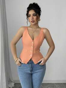 Camiseta sin mangas de un solo pecho de unicolor casual para mujer - Naranja - Ver 4