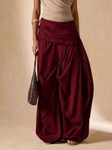 Pantalones sueltos y plisados de unicolor para uso diario de mujer - Burdeos - Ver 5