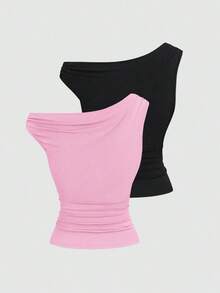 Set de 2 camisetas ajustadas con cuello asimétrico, versátil top casual, primavera/verano - Multicolor 13 - Ver 2