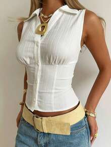 Camisa informal sin mangas con botones delanteros, de tejido negro, para verano - Blanco - Ver 6