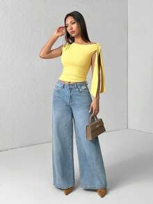 Camiseta de tirantes de unicolor informal con cuello de halter y lazada para el verano - Mostaza Amarilla - Ver 5
