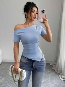 Camiseta de punto elástico ajustada con volantes y bajo asimétrico para mujer, camiseta casual y elegante para primavera/verano - Azul - Ver 8