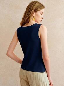 Blusa de punto sin mangas con botones delanteros de unicolor para uso casual y de oficina para mujeres - Azul marino - Ver 2
