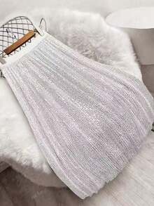 Falda elegante y de moda de mujer con malla y lentejuelas en línea A (con forro), unicolor elegante para fiesta, playa y vacaciones en blanco - Blanco - Ver 6