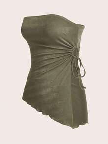 Blusa negra tubo con recogido en la cintura, bajo asimétrico y atado a los lados - Verde militar - Ver 4
