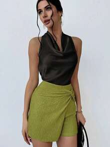 Blusa de mujer simple y elegante en tono albaricoque con cuello en V y corbata en la cintura. - Negro - Ver 4