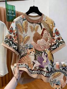 Camiseta de manga corta con cuello redondo y estampado floral, verano - Multicolor 2 - Ver 1