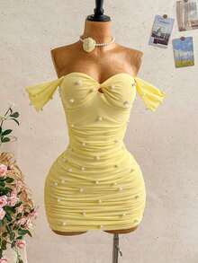 Vestido mini ajustado de punto con escote de hombros descubiertos, para vacaciones - Amarillo - Ver 5