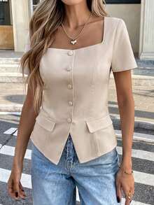 Camisa de unicolor sin mangas con cuello, top de estilo vintage retro para oficina - Albaricoque - Ver 9