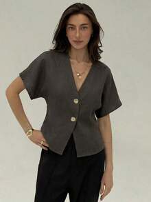 Camisa blanca sólida con mangas de murciélago, doble botonadura y frente abierto elegante - Café integral - Ver 7