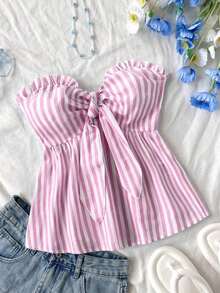 Top tubo con volantes y nudo delantero con estampado de rayas y bloques de color para vacaciones de verano en la playa de mujer - Rosa - Ver 6