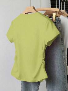 Ropa exterior para mujer, nueva llegada de verano, camiseta ajustada con pliegues, estilo elegante y versátil, fotografía de calle, imprescindible, temporada de vuelta al colegio, 100% llamativa, camiseta de mujer de manga corta para verano - Verde 2 - Ver 2