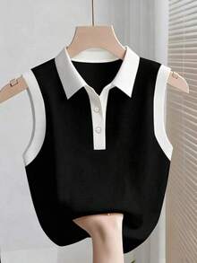 Parte superior sin mangas de contraste de color versátil casual para mujer, top blanco y negro, blusas de verano para mujer, blusas lindas y preppy, top de punto de verano sin mangas, camisa polo de punto para mujer, blusas de punto de verano par - Blanco y Negro 2 - Ver 6