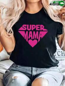 Women's Short-Sleeved T-Shirt With A Round Neck, Loose Oversized Fit, Featuring A Diamond-Shaped "SUPER MAMA" Print With A Heart. Suitable For Everyday Wear, Casual Outings, Weekends, Family Gatherings, And Daily Activities. Made Of Polyester, With A Modern, Casual, Feminine Style, Ideal For Spring And Summer. Domestic Shipping Available. - 黑色 - 查看 2