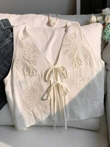 2026 Nuevo Top sin mangas con cuello en V, lazo delantero y bordado floral para mujer, ideal para vacaciones en la playa, uso casual, estilo Y2K de los 2000, primavera, graduación, fiesta de boda, vacaciones elegantes, San Valentín, carnaval, - Blanco 2 - Ver 7