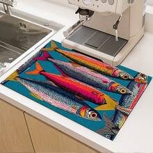 1 pieza Estera absorbente/secado con estampado de pescado salado para cafetera, vajilla - Estera protectora absorbente de poliéster para escritorio con almohadilla antideslizante de goma, para decoración de la cocina, bar en casa y mesa de comedor - Multicolor - Ver 1