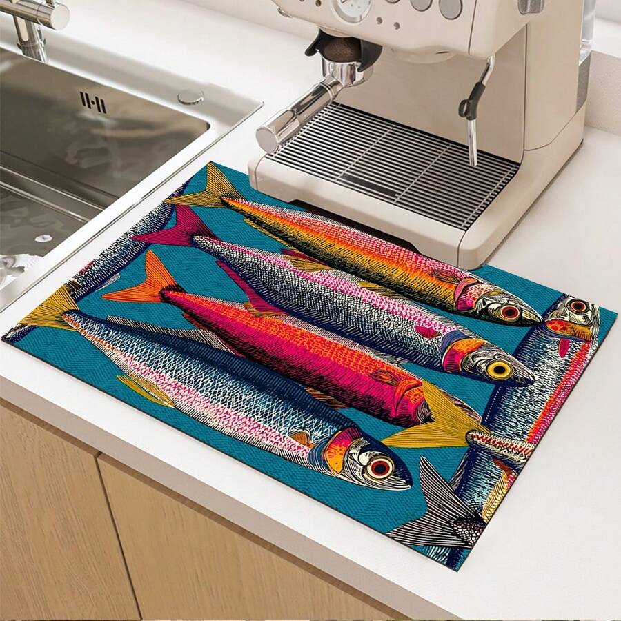1 pieza Estera absorbente/secado con estampado de pescado salado para cafetera, vajilla - Estera protectora absorbente de poliéster para escritorio con almohadilla antideslizante de goma, para decoración de la cocina, bar en casa y mesa de comedor - Multicolor - Ver 1