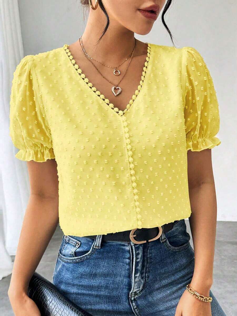 Blusa de gasa con estampado de lunares francés de moda para mujer, diseño elegante y elegante de manga corta con volantes para el verano - Amarillo - Ver 1
