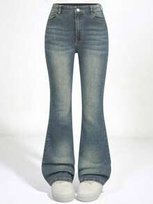 Explorewe Jeans de mezclilla estilo Y2K versátiles lavados y desgastados con pierna acampanada y elásticos para niñas adolescentes - Azul lavado medio 2 - Ver 6