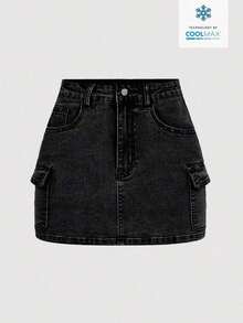 Minifalda casual cargo de mezclilla lavada para mujer - Negro 3 - Ver 7
