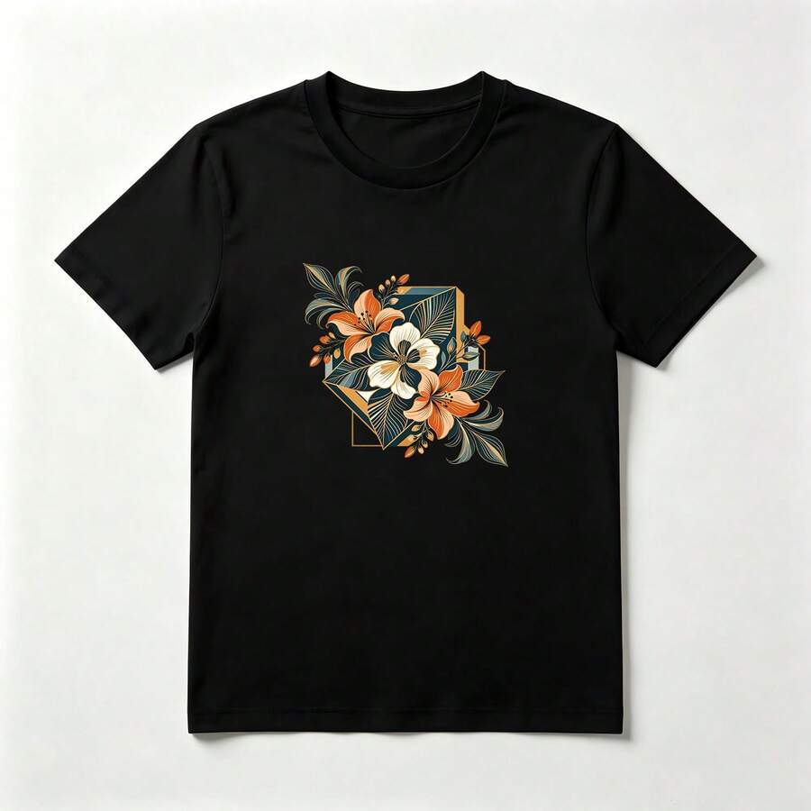 Flores en Rombo Playera de Algodón 100% Negro Arte Moderno - Negro - Ver 1