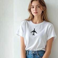 Minimalist American-Style Cotton T-Shirt With Airplane Print For Summer, European And American Niche Fashion, Youthful And Elegant Top,  Women's T-Shirt. - 黑色 - 查看 4