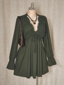 ICON Vestido mini de talla grande de unicolor casual con parches de encaje para mujer, ropa de otoño - Verde militar - Ver 5