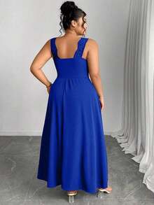 Elenzya Vestido línea A con cuello en V, contraste de encaje, tirantes finos y abertura para tallas grandes - azul real - Ver 2