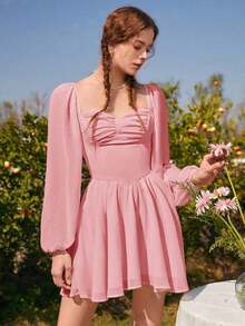 MOD Vestido escote corazón de manga farol pecho con fruncido - Rosa coral - Ver 4