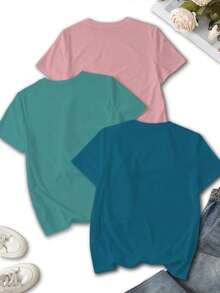 Set de 3 camisetas de manga corta y cuello redondo con estampado de letras inglesas y corazones, camisetas gráficas casuales de verano para mujer - Multicolor 17 - Ver 2