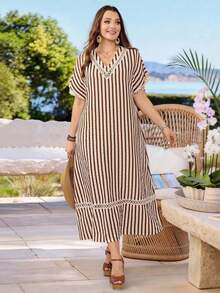 Vestido casual holgado de unicolor con cuello en V y mangas cortas para mujer de talla grande - Multicolor - Ver 4