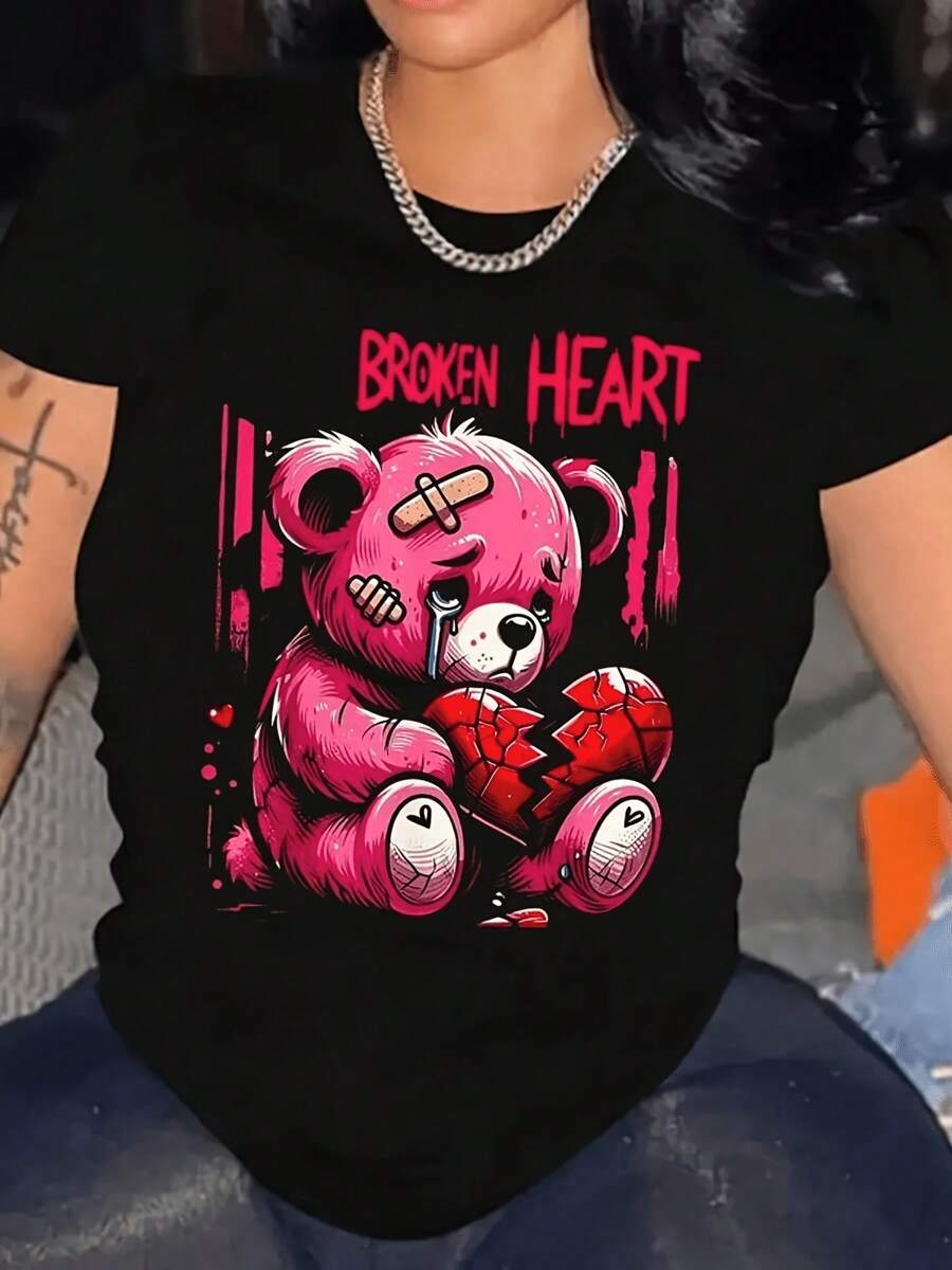 Camiseta unisex con un estampado de un oso con corazón roto, mangas cortas, cuello redondo y lavable a máquina.Regalo Perfecto para el Día de la Madre, Celebrando a la Mejor Mamá del Mundo - Negro - Ver 1