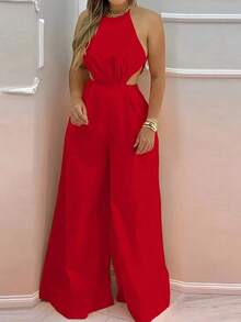 Mono casual de mujer con tirantes de halter, espalda descubierta y pierna recta - Rojo - Ver 3