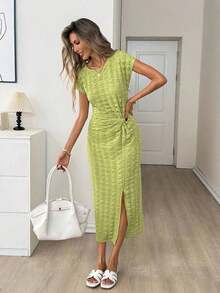 Vestido midi casual de mujer con estampado de lunares, cintura retorcida y abertura alta sin mangas; Vestido ajustado texturizado casual de mujer; Conjunto de fitness de mujer; Vestido de invitada de boda de mujer; Atuendo de oficina de mujer - verde aguacate - Ver 5