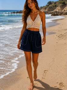 Bermuda ligera mujer short unicolor con costura de contraste, pantalón corto con cintura ajustable dama para vacaciones - Azul Marino - Ver 2