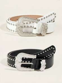 1pc Rivet Sexy Fashion Y2K PU Leather Belt, Rivet Waist Belt With Western Cowboy Buckle & Butterfly Rhinestone Buckle, Suitable For Daily Wear - Butterfly Diamond Buckle - View 1