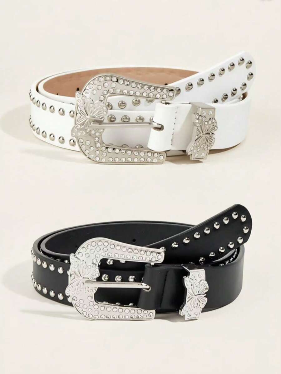 1pc Rivet Sexy Fashion Y2K PU Leather Belt, Rivet Waist Belt With Western Cowboy Buckle & Butterfly Rhinestone Buckle, Suitable For Daily Wear - Butterfly Diamond Buckle - View 1