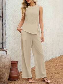 2 piezas Conjunto casual de uso diario con top y pantalones con diseño de abertura de jacquard para mujer - Caqui - Ver 9